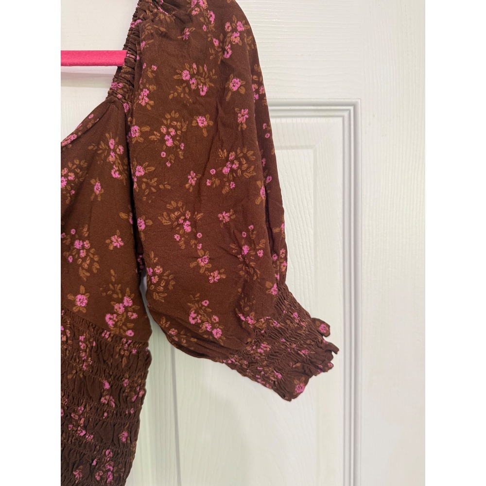 Saltwater Luxe Brown Pink Floral Smocked Puff Sleeve Crop Top Tie Front Medium - Picture 2 of 9